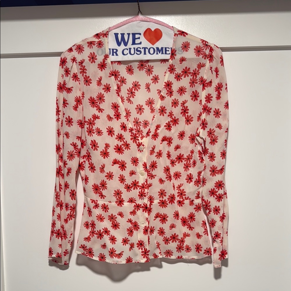 Reformation Cream Blouse with Red Floral Print
